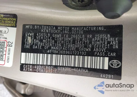 2006 Toyota Avalon Limited из США, поврежденный, VIN 4T1BK36B96U123192